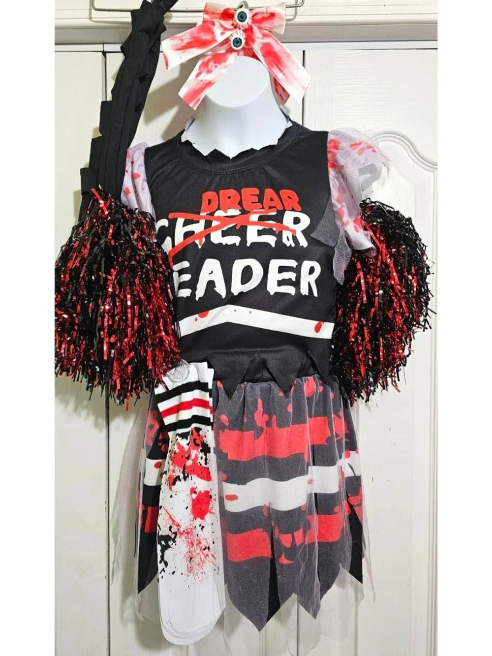 Zombie Cheerleader Costume Toddler 4T Horror Pom Poms Gloves Scary Uniform Socks